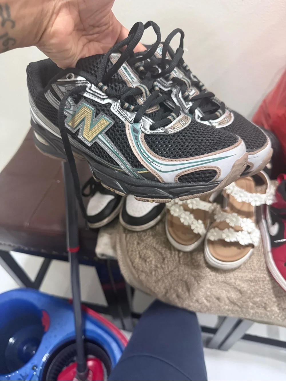 New Balance Kids Black Sneakers with Teal & Tan Accents